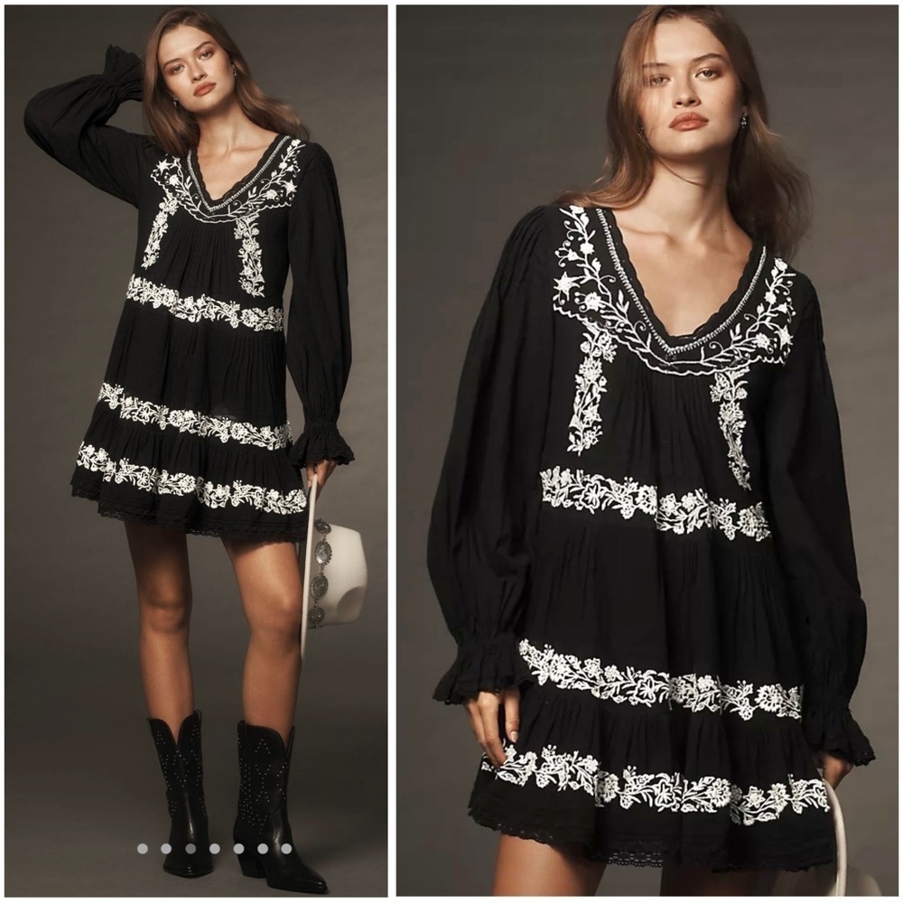 ANTHROPOLOGIE Cottagecore Embroidered Pintuck Tiered Swing Mini Dress Sz XS NWT